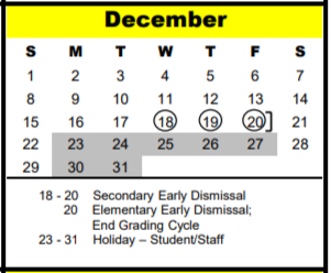 District School Academic Calendar for Hunters Creek Elementary for December 2019