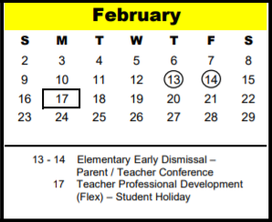 District School Academic Calendar for Pre-k Elementary for February 2020