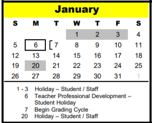 District School Academic Calendar for The Tiger Trail School for January 2020