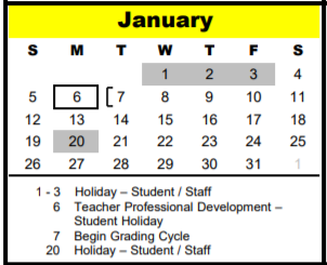 District School Academic Calendar for Spring Branch Elementary for January 2020