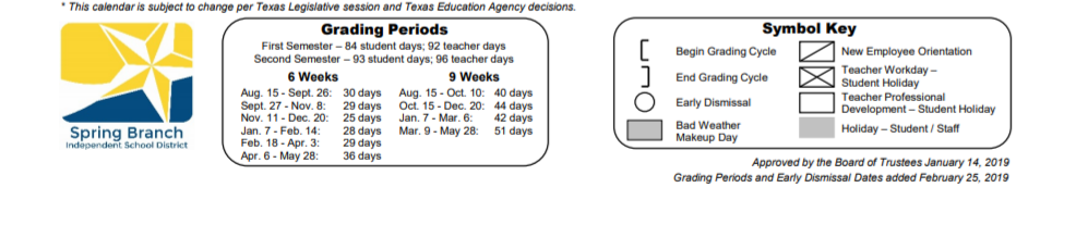 District School Academic Calendar Key for Spring Branch School Of Choice