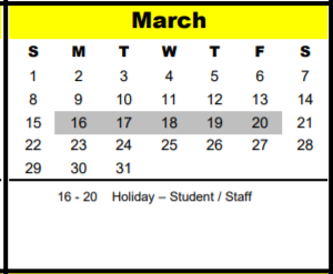 District School Academic Calendar for The Wildcat Way School for March 2020
