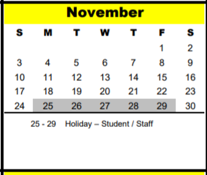 District School Academic Calendar for Shadow Oaks Elementary for November 2019