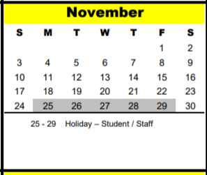 District School Academic Calendar for Spring Branch School Of Choice for November 2019