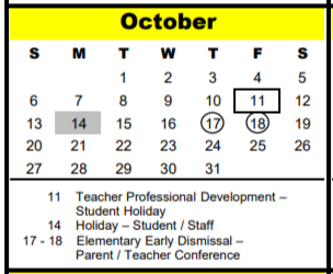 District School Academic Calendar for The Wildcat Way School for October 2019