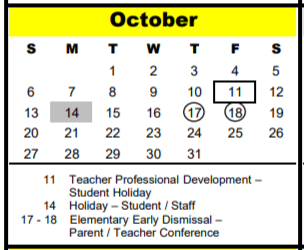 District School Academic Calendar for Spring Branch Ed Ctr for October 2019