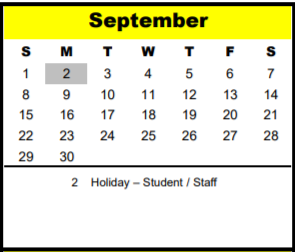 District School Academic Calendar for The Tiger Trail School for September 2019