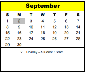 District School Academic Calendar for Bendwood School for September 2019