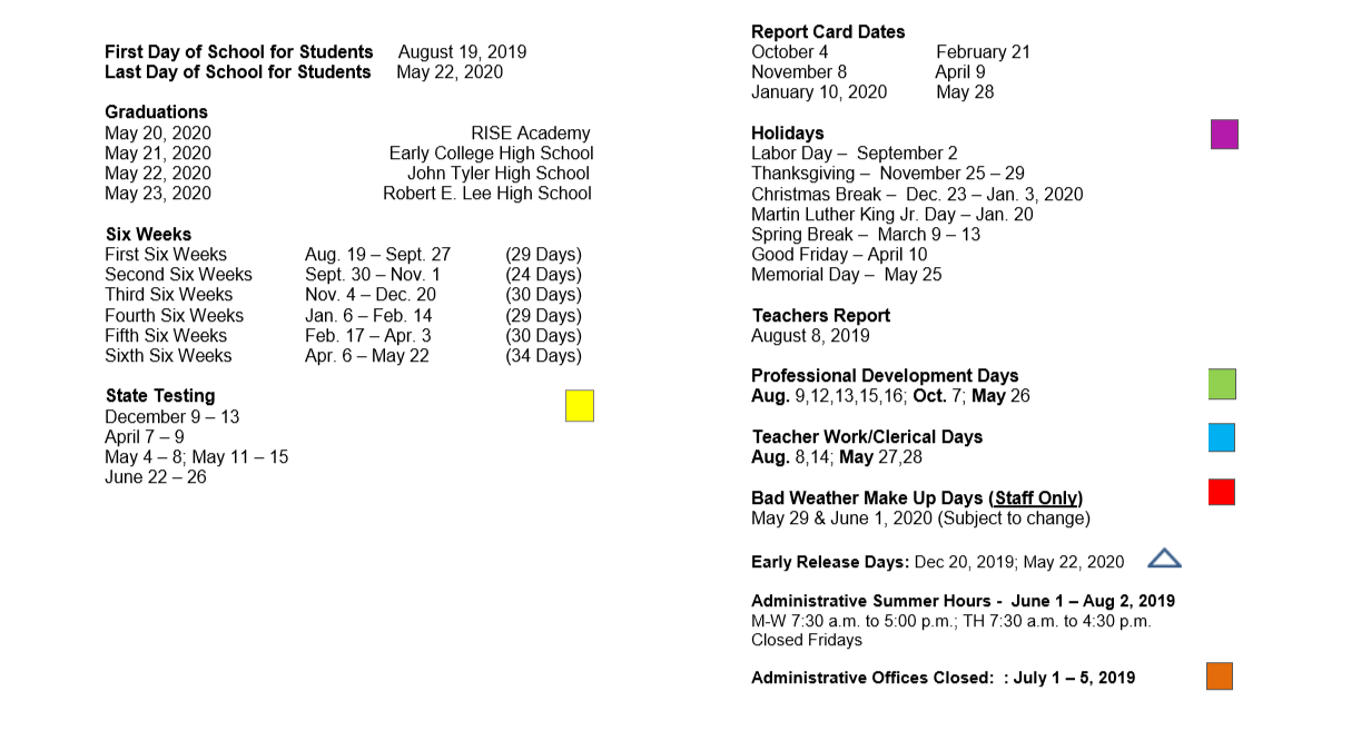 District School Academic Calendar Key for Caldwell Elementary Arts Academy