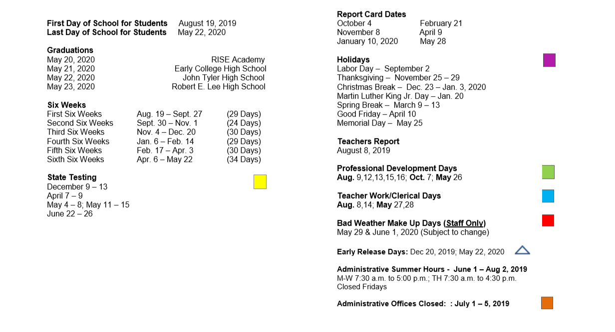 District School Academic Calendar Key for Bell Elementary