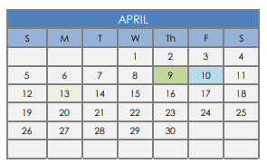 District School Academic Calendar for Lake Waco Montessori Magnet for April 2020