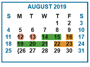 District School Academic Calendar for Memorial Elementary for August 2019