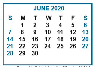 District School Academic Calendar for Memorial Elementary for June 2020