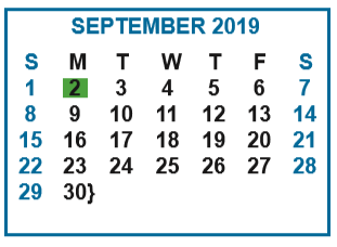 District School Academic Calendar for Memorial Elementary for September 2019