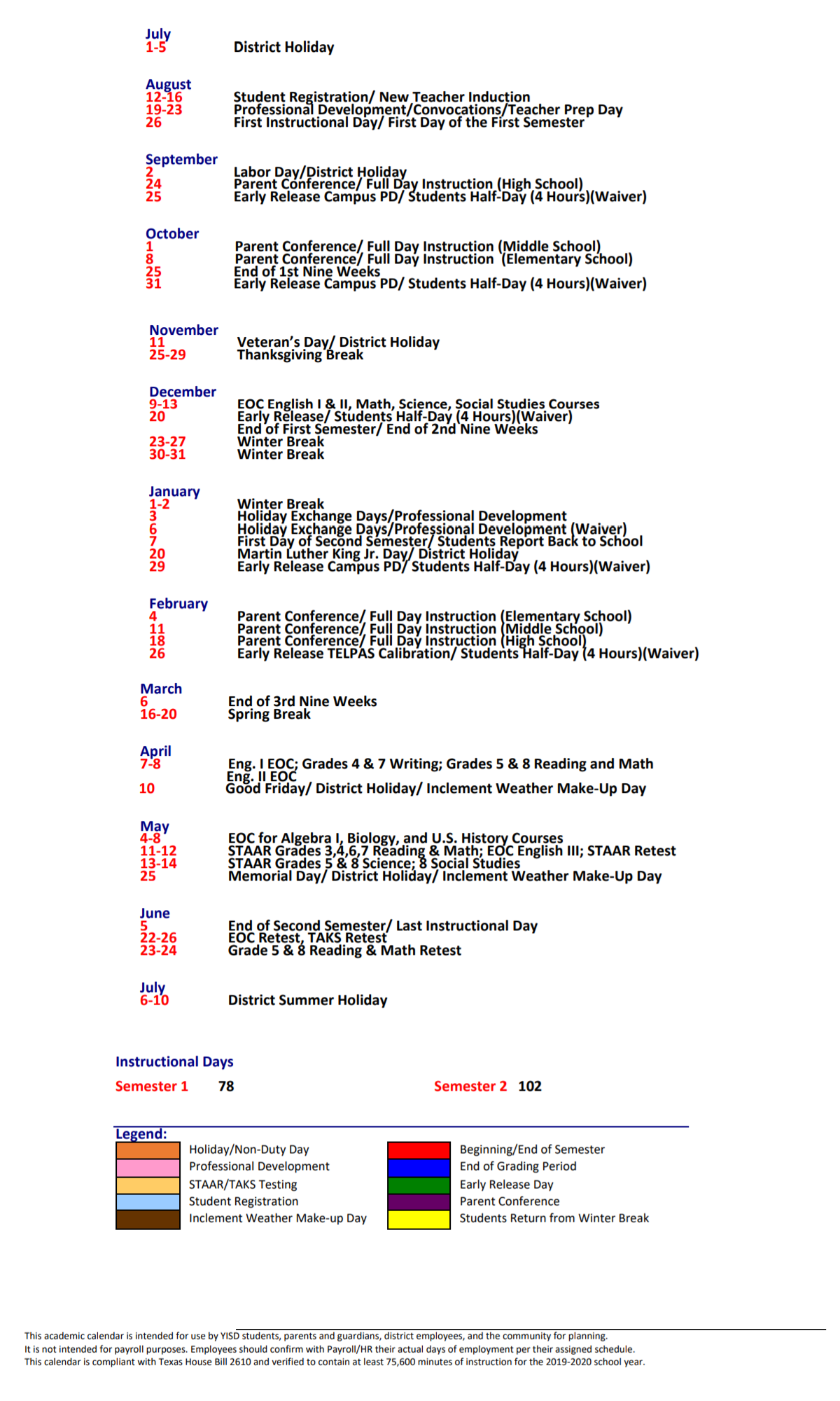 District School Academic Calendar Key for Constance Hulbert Elementary