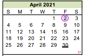 District School Academic Calendar for Sp Ed O J T for April 2021