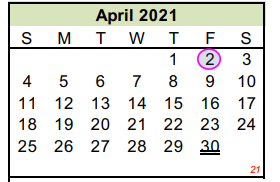 District School Academic Calendar for Juvenile Detention Center for April 2021