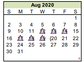 District School Academic Calendar for Juvenile Detention Center for August 2020
