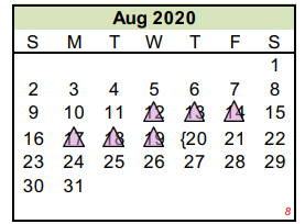 District School Academic Calendar for Crockett Early Headstart for August 2020