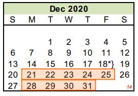 District School Academic Calendar for Juvenile Detention Center for December 2020