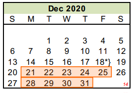 District School Academic Calendar for Reagan Elementary for December 2020