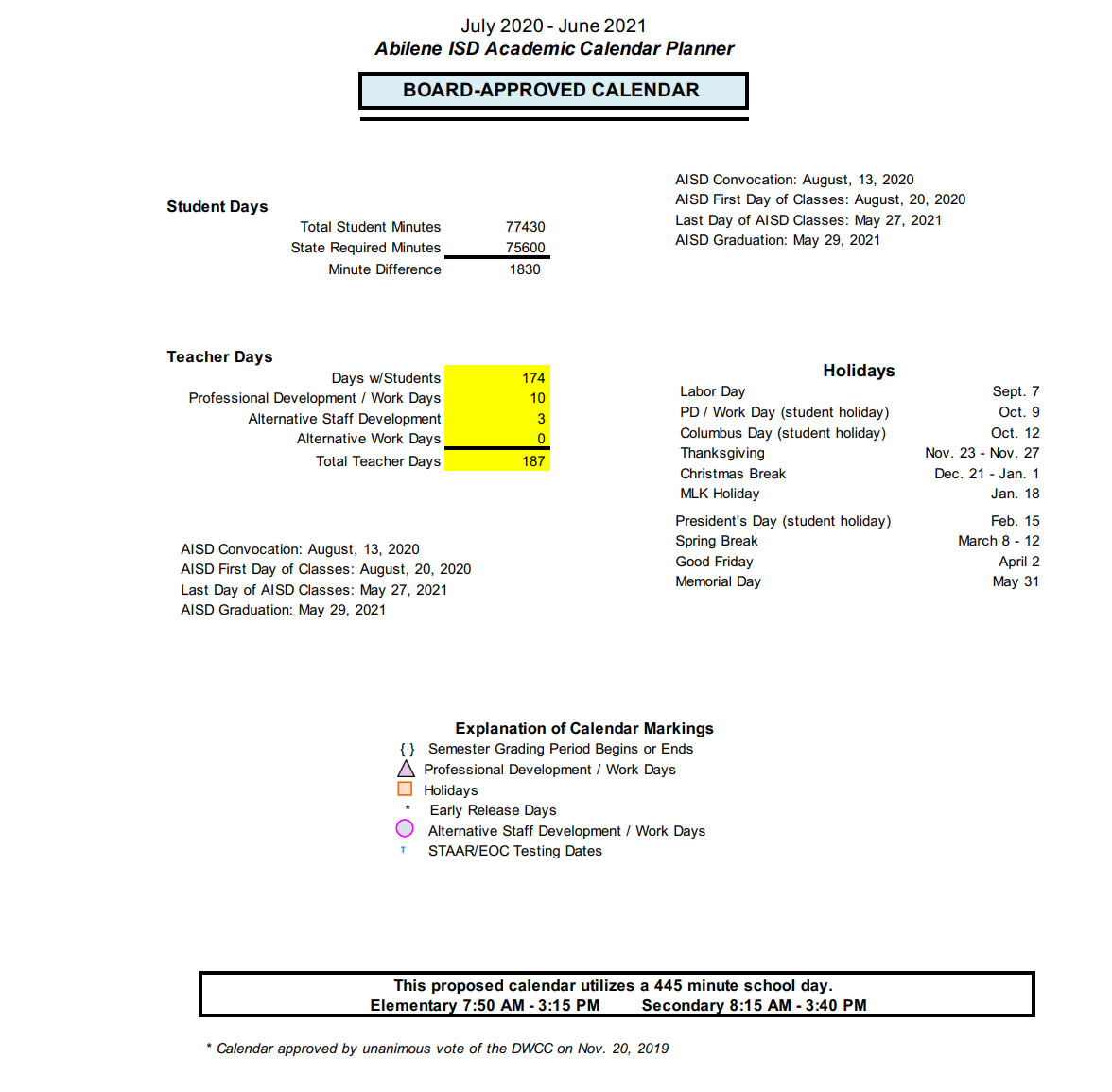 District School Academic Calendar Key for Day Nursery Of Abilene
