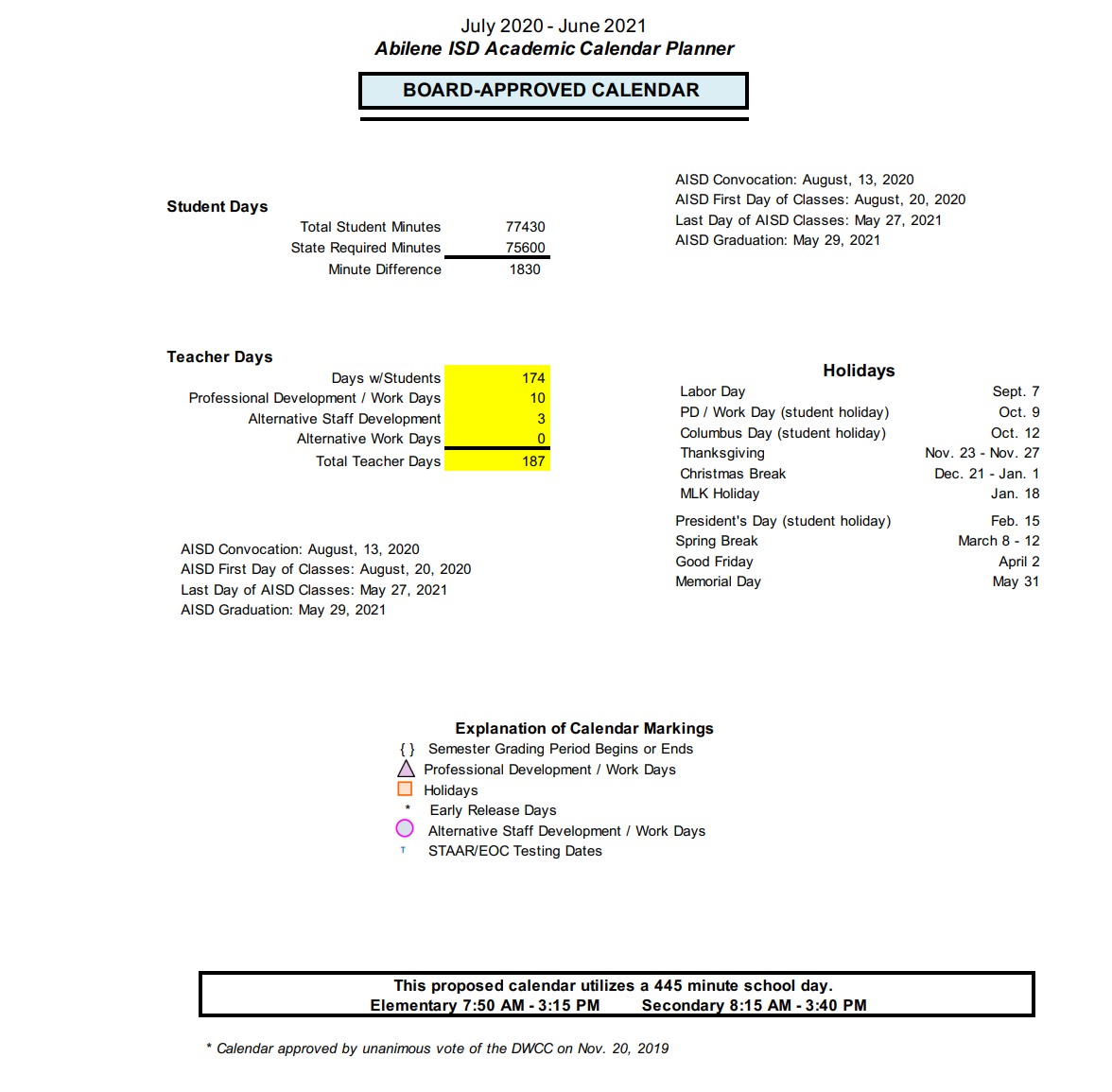 District School Academic Calendar Key for Crockett Early Headstart