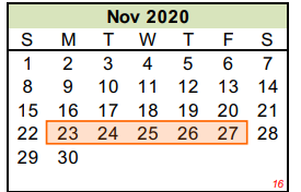 District School Academic Calendar for Juvenile Detention Center for November 2020