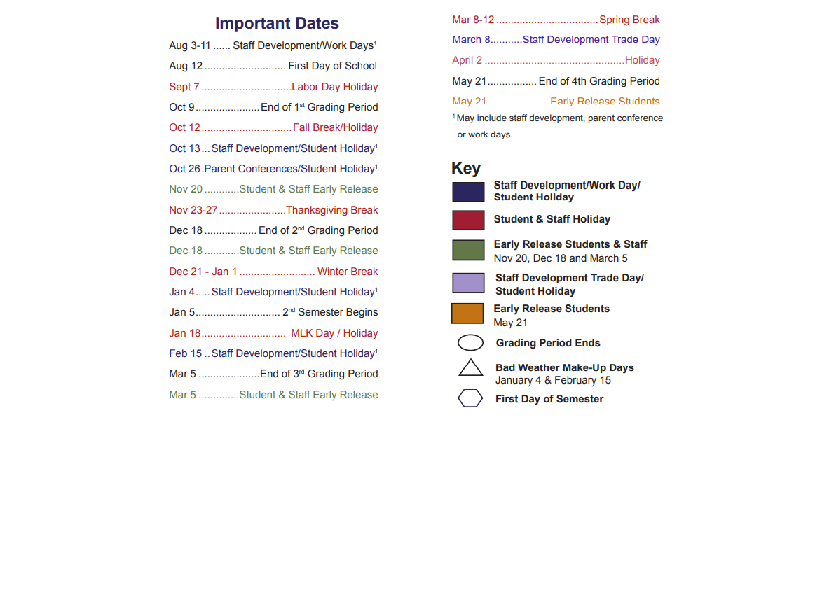 District School Academic Calendar Key for Reed Elementary School