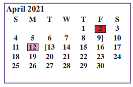 District School Academic Calendar for Juvenile Justice Alternative for April 2021