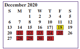 District School Academic Calendar for Alvarado J H for December 2020