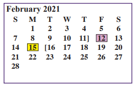 District School Academic Calendar for Juvenile Justice Alternative for February 2021
