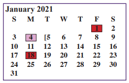 District School Academic Calendar for Juvenile Justice Alternative for January 2021