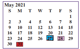 District School Academic Calendar for Juvenile Justice Alternative for May 2021