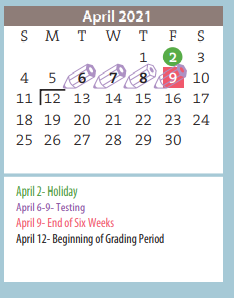 District School Academic Calendar for Sunrise Elementary for April 2021