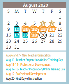 District School Academic Calendar for Bivins Elementary for August 2020