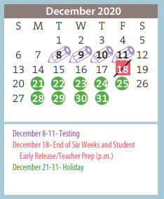 District School Academic Calendar for Pleasant Valley Elementary for December 2020