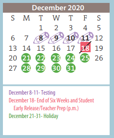 District School Academic Calendar for Eastridge Elementary for December 2020