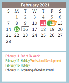 District School Academic Calendar for Pleasant Valley Elementary for February 2021