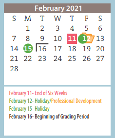 District School Academic Calendar for Johnny N Allen-6th Grade Campus for February 2021