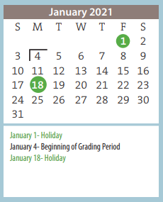 District School Academic Calendar for Coronado Elementary for January 2021