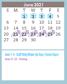 District School Academic Calendar for Pleasant Valley Elementary for June 2021