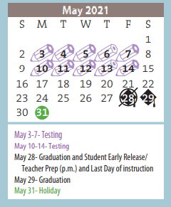 District School Academic Calendar for Glenwood Elementary for May 2021