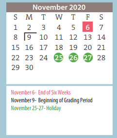 District School Academic Calendar for Pleasant Valley Elementary for November 2020