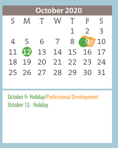 District School Academic Calendar for Glenwood Elementary for October 2020