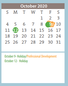 District School Academic Calendar for Johnny N Allen-6th Grade Campus for October 2020