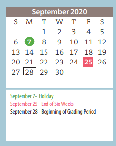 District School Academic Calendar for South Lawn Elementary for September 2020