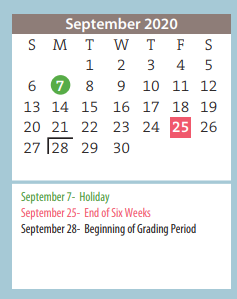 District School Academic Calendar for Bowie Middle for September 2020