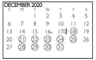 District School Academic Calendar for Tarrant Co J J A E P for December 2020