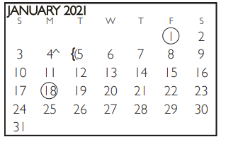 District School Academic Calendar for Tarrant Co J J A E P for January 2021